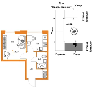 Планировка 1-комн. квартира, 29.4 м² ЖК «Микрорайон Домашний»
