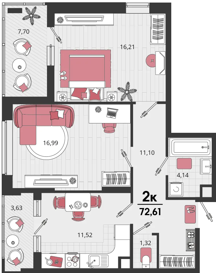 Планировка 2-комн. квартира, 72.61 м² ЖК «Родные просторы»