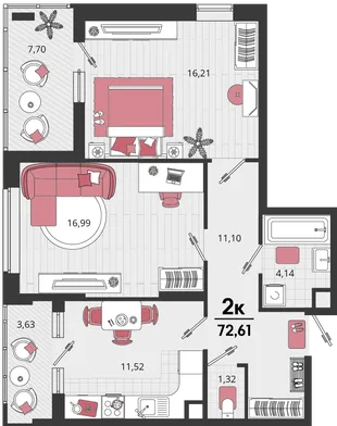 Планировка 2-комн. квартира, 72.61 м² ЖК «Родные просторы»