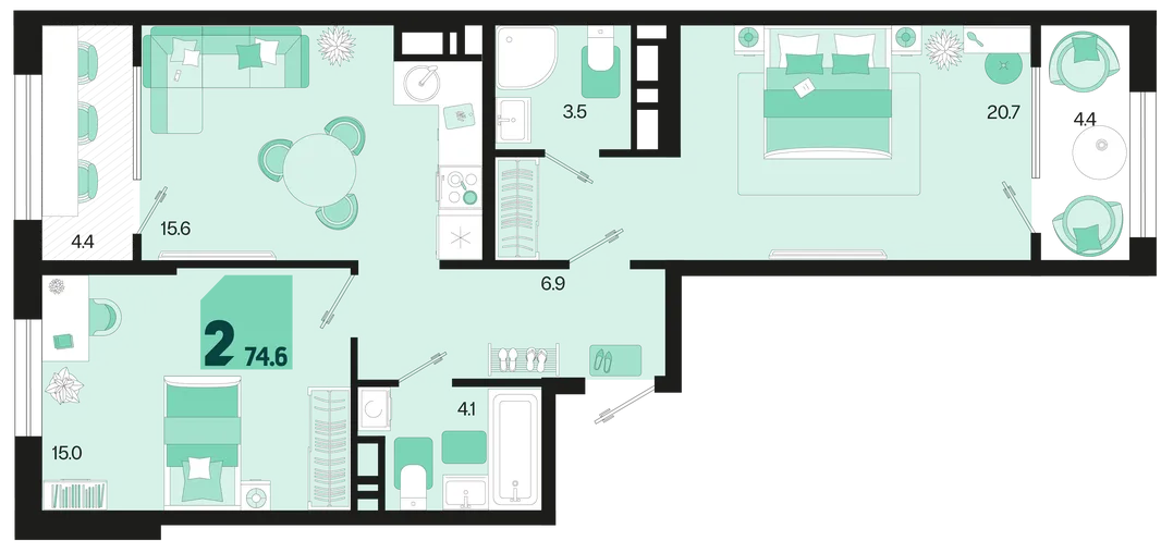Планировка 2-комн. квартира, 74.6 м² ЖК «Первое место»