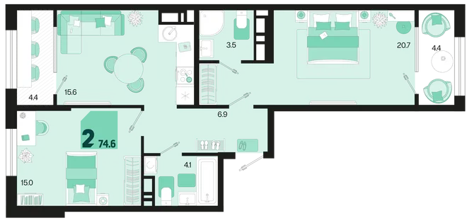 Планировка 2-комн. квартира, 74.6 м² ЖК «Первое место» Планировка 2-комн. квартира, 74.6 м² ЖК «Первое место»