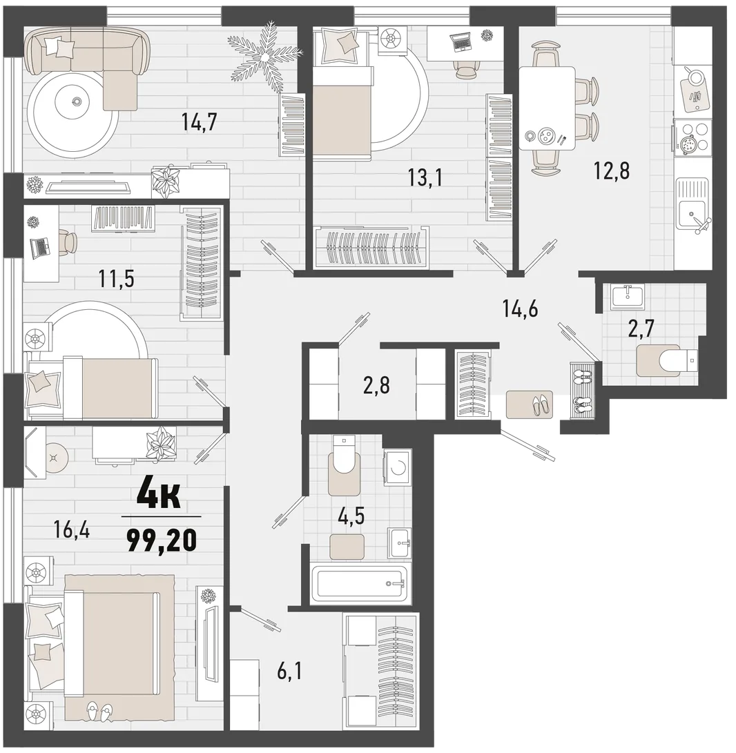 Планировка 4-комн. квартира, 99.2 м² ЖК «Барса»