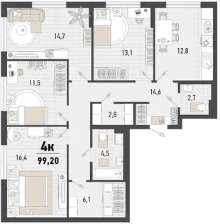Планировка 4-комн. квартира, 99.2 м² ЖК «Барса»