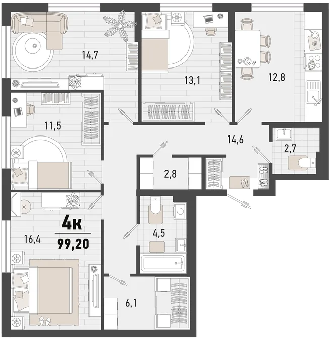 Планировка 4-комн. квартира, 99.2 м² ЖК «Барса» Планировка 4-комн. квартира, 99.2 м² ЖК «Барса»