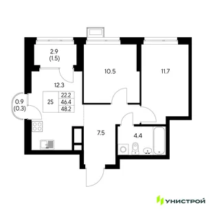 Планировка 2-комн. квартира, 48.2 м² ЖК «Стадиум»