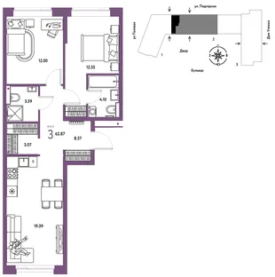 Планировка 3-комн. квартира, 62.87 м² ЖК «Авторский»