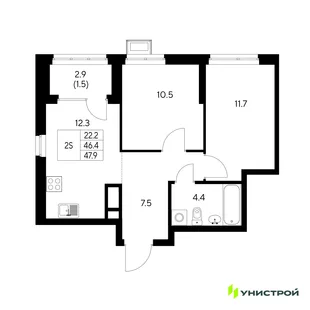Планировка 2-комн. квартира, 47.9 м² ЖК «Стадиум»