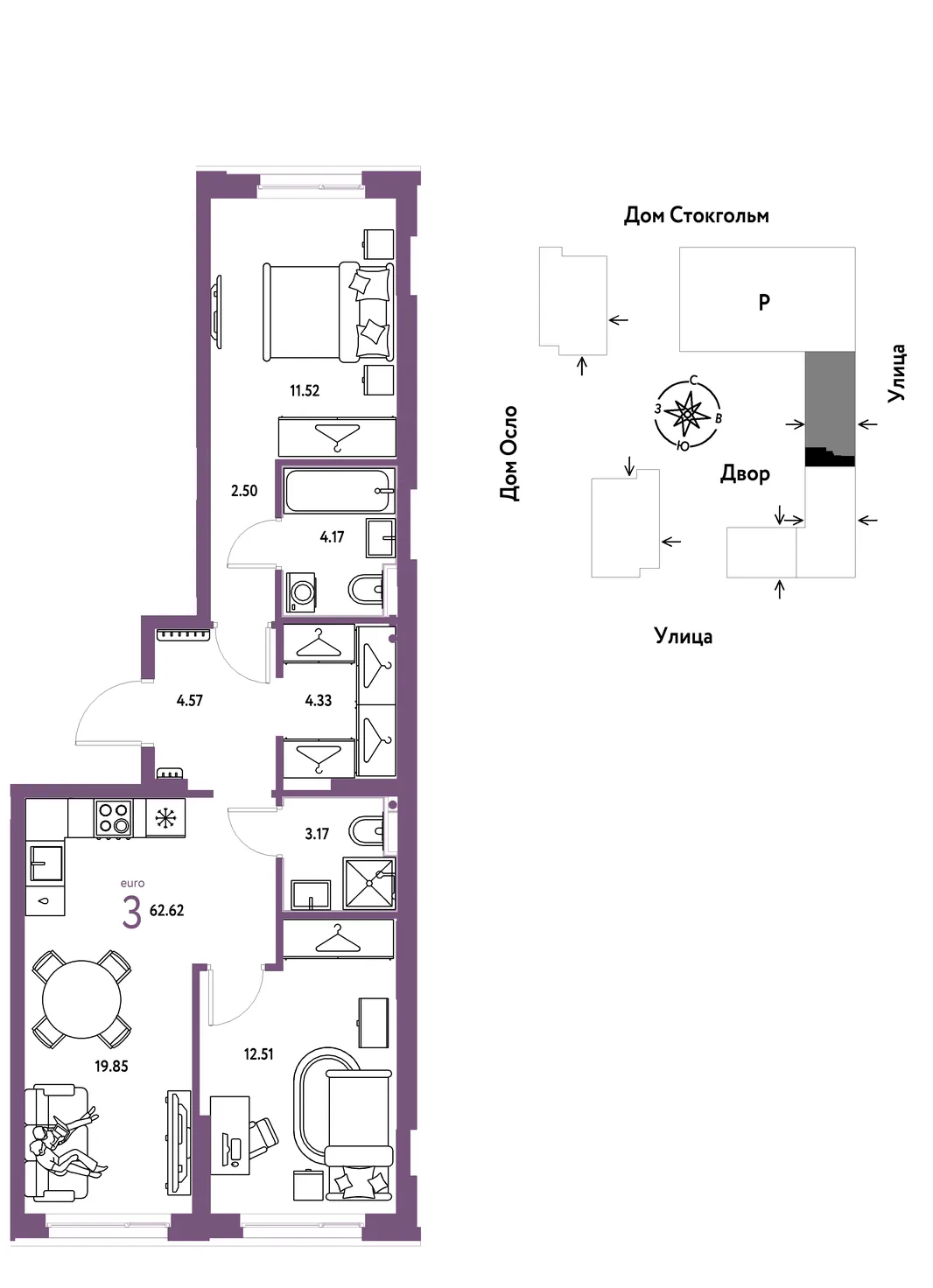 Планировка 3-комн. квартира, 62.62 м² ЖК «Европейский берег 2.0»