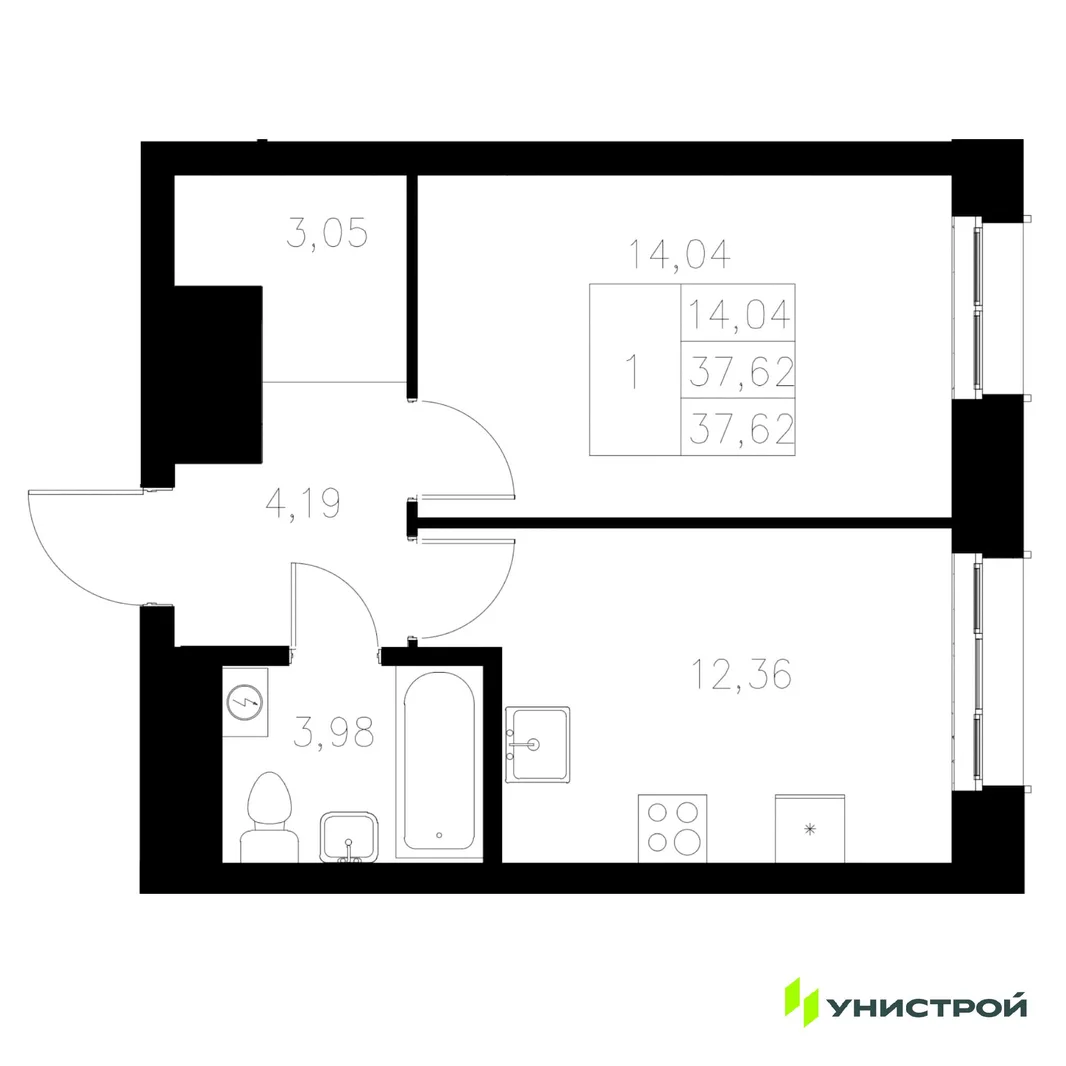Планировка 1-комн. квартира, 37.62 м² ЖК «Statum»