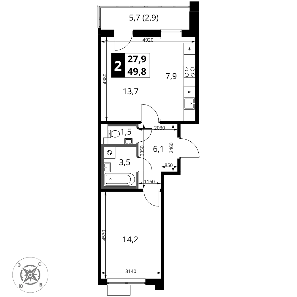 Планировка 2-комн. квартира, 49.8 м² ЖК «1-й Шереметьевский»