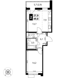 Планировка 2-комн. квартира, 49.8 м² ЖК «1-й Шереметьевский»