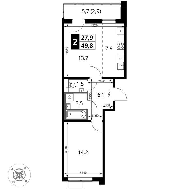 Планировка 2-комн. квартира, 49.8 м² ЖК «1-й Шереметьевский» Планировка 2-комн. квартира, 49.8 м² ЖК «1-й Шереметьевский»