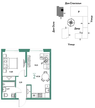 Планировка 2-комн. квартира, 40.36 м² ЖК «Европейский берег 2.0»