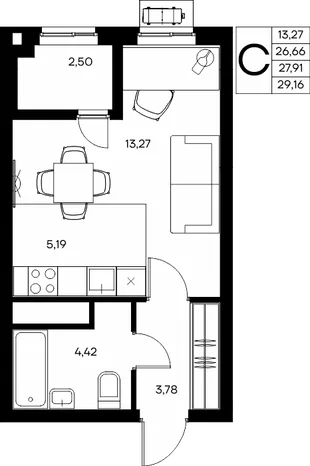 Планировка Студия, 29.16 м² ЖК «Прибрежный дом»