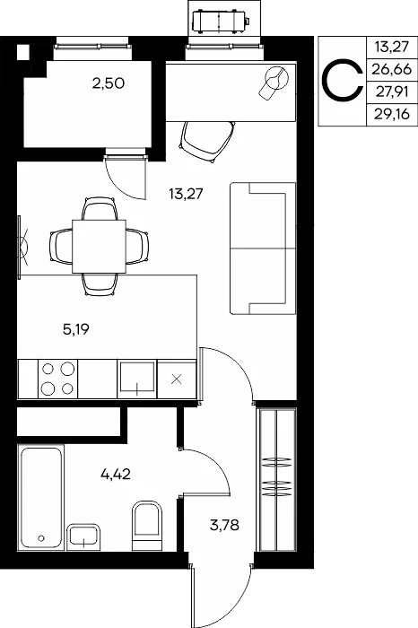 Планировка Студия, 29.16 м² ЖК «Прибрежный дом»