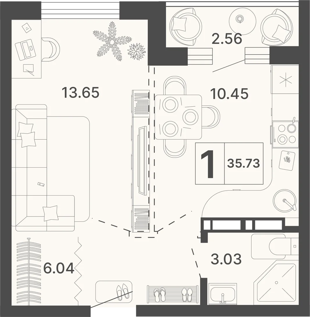 Планировка 1-комн. квартира, 35.73 м² ЖК «Светский лес»