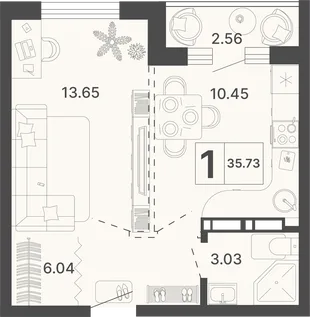 Планировка 1-комн. квартира, 35.73 м² ЖК «Светский лес»