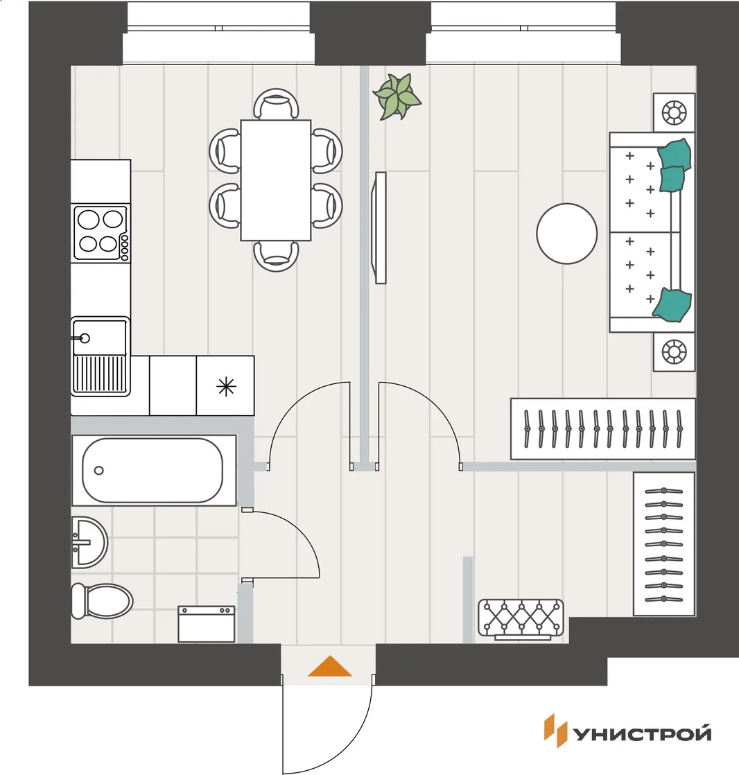 Планировка 1-комн. квартира, 37.15 м² ЖК «Аквамарин»