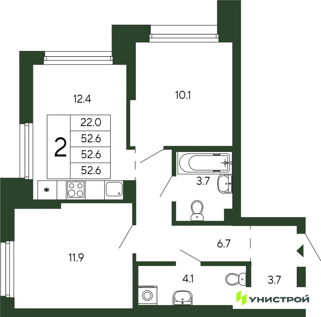 Планировка 2-комн. квартира, 52.6 м² ЖК «Парковый квартал 2.0»