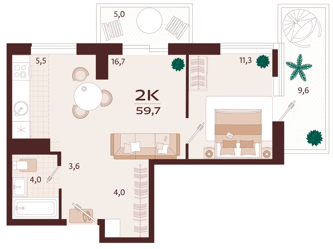 Планировка 2-комн. квартира, 59.7 м² ЖК «Роялта»