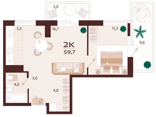 Планировка 2-комн. квартира, 59.7 м² ЖК «Роялта»