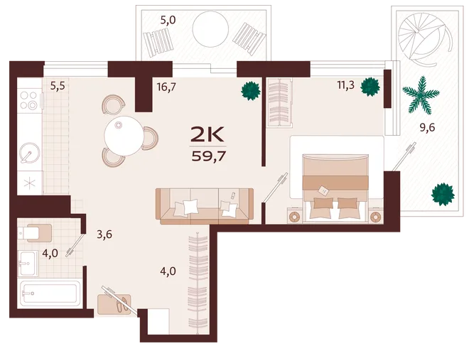 Планировка 2-комн. квартира, 59.7 м² ЖК «Роялта» Планировка 2-комн. квартира, 59.7 м² ЖК «Роялта»