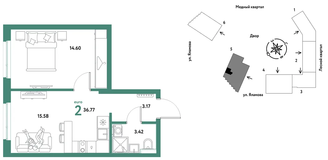 Планировка 2-комн. квартира, 36.77 м² ЖК «Сибирский сад»