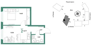 Планировка 2-комн. квартира, 36.77 м² ЖК «Сибирский сад»
