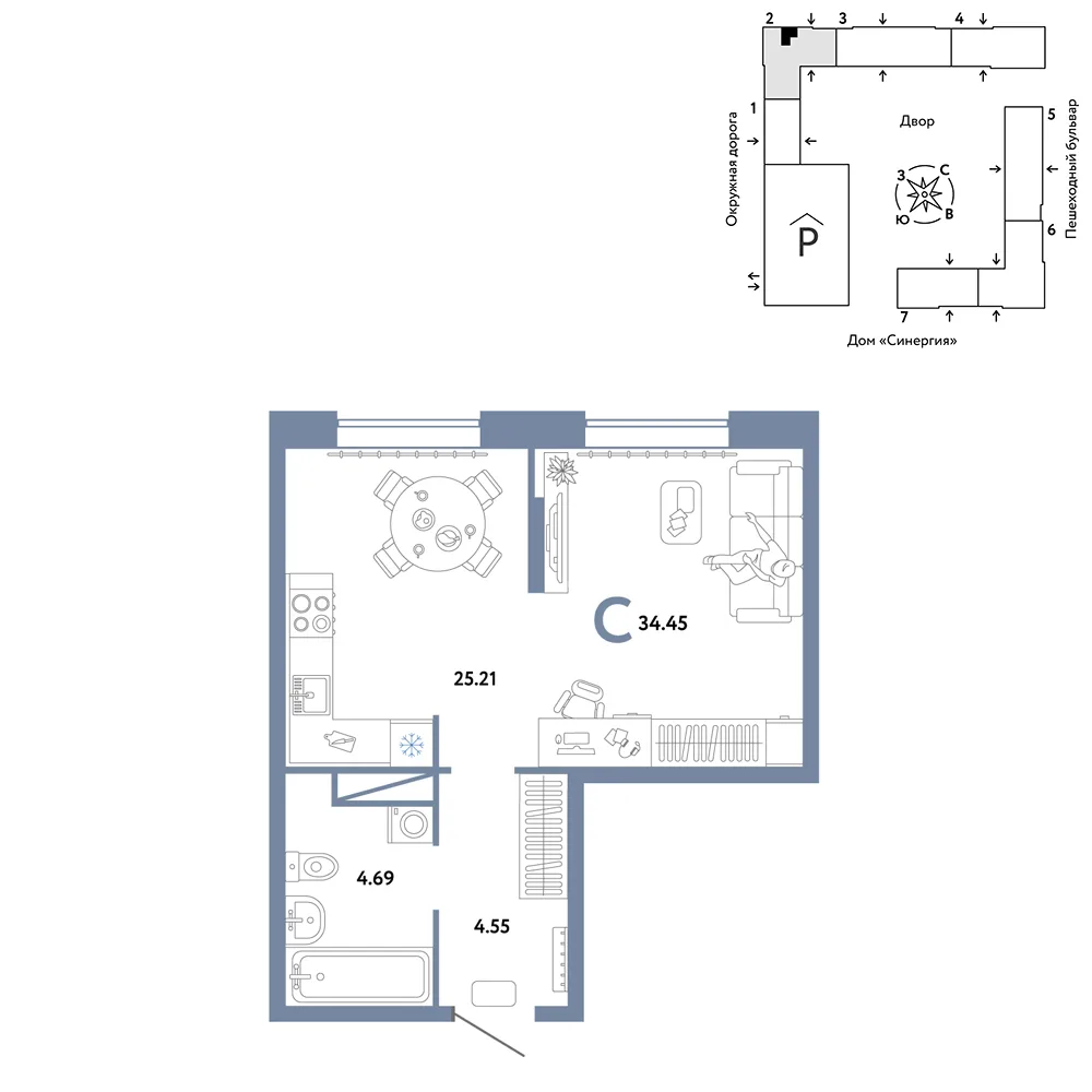Планировка Студия, 34.45 м² ЖК «Юнион»