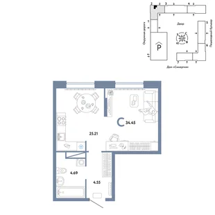 Планировка Студия, 34.45 м² ЖК «Юнион»
