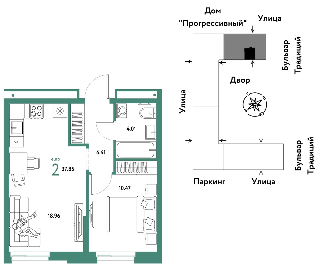 Планировка 2-комн. квартира, 37.85 м² ЖК «Микрорайон Домашний»