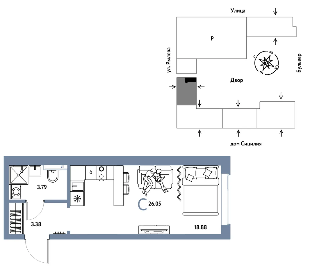 Планировка Студия, 26.05 м² ЖК «Остров-сад»
