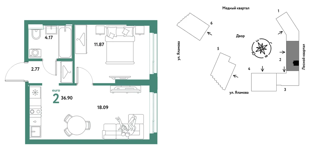 Планировка 2-комн. квартира, 36.9 м² ЖК «Сибирский сад»