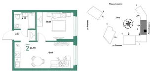 Планировка 2-комн. квартира, 36.9 м² ЖК «Сибирский сад»