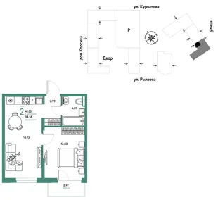 Планировка 2-комн. квартира, 41.72 м² ЖК «Остров-сад»