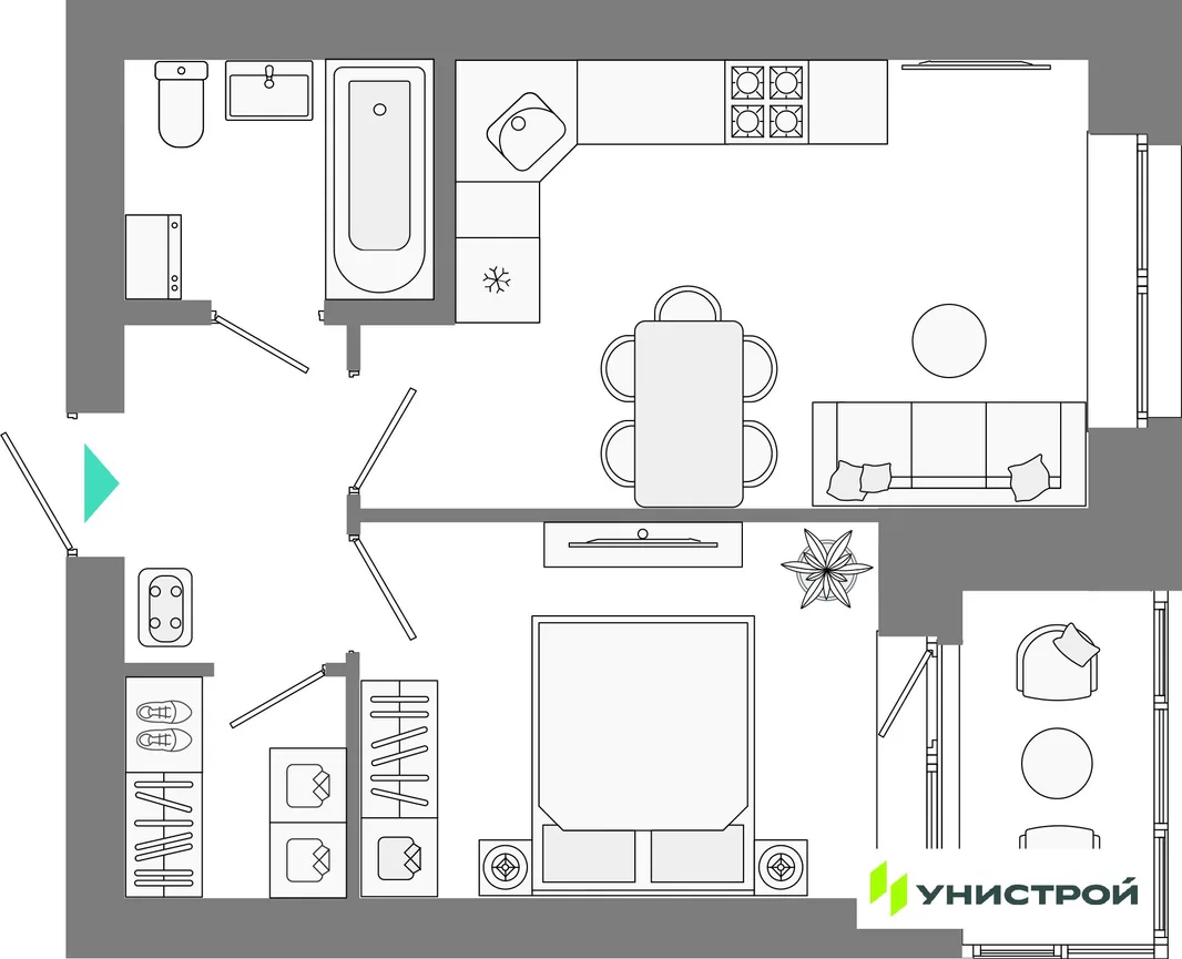 Планировка 1-комн. квартира, 37.55 м² ЖК «Лето»