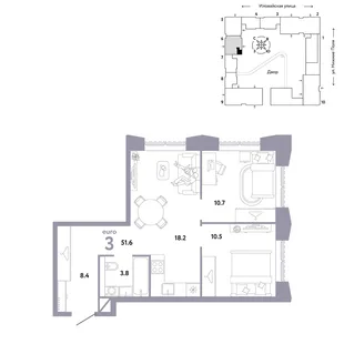 Планировка 3-комн. квартира, 51.6 м² ЖК «Страна.Заречная»