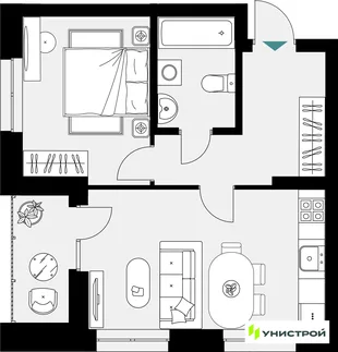 Планировка 1-комн. квартира, 44.93 м² ЖК «Уникум на Амирхана»