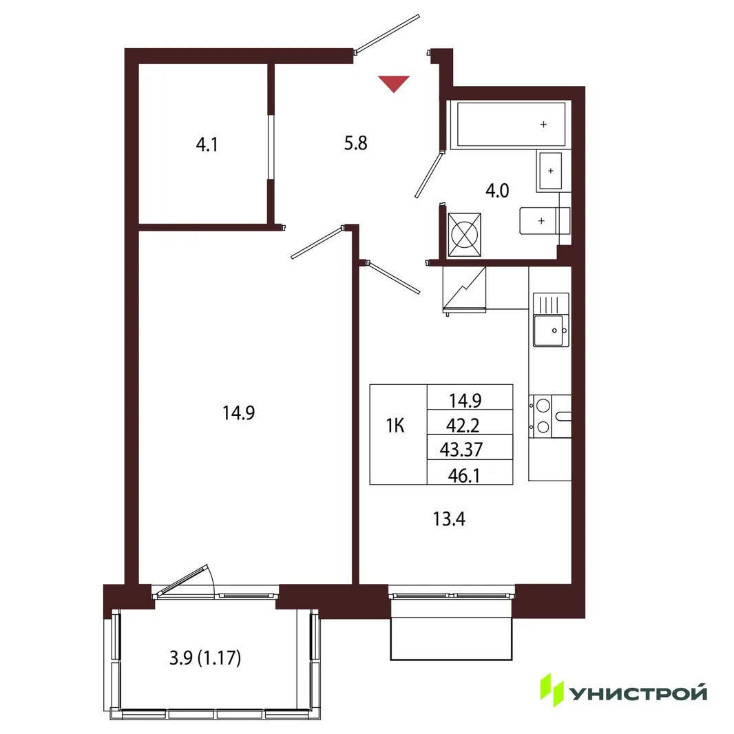 Планировка 1-комн. квартира, 43.37 м² ЖК «Лисино»