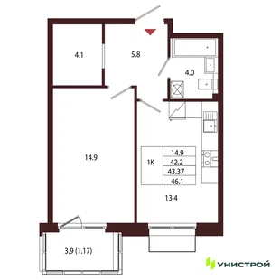 Планировка 1-комн. квартира, 43.37 м² ЖК «Лисино»