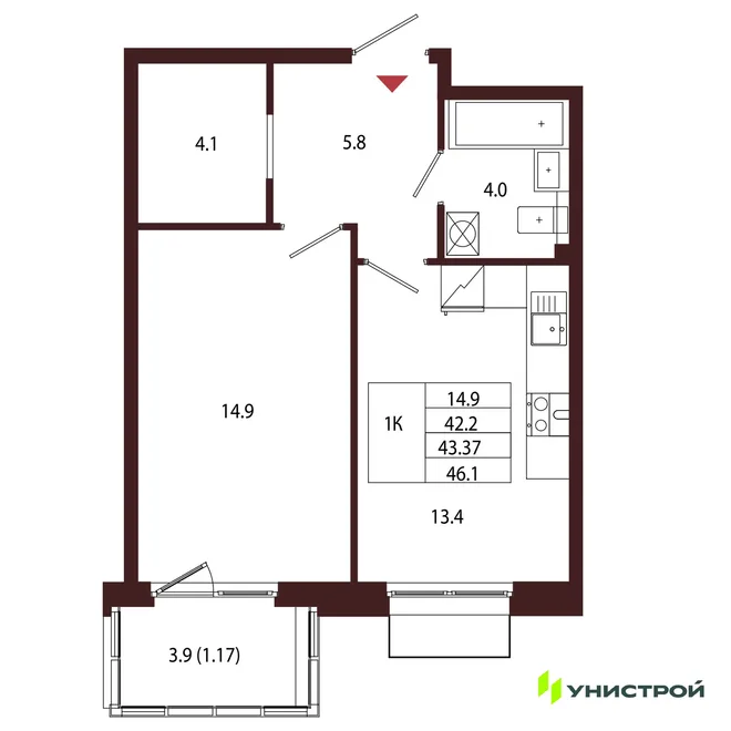 Планировка 1-комн. квартира, 43.37 м² ЖК «Лисино» Планировка 1-комн. квартира, 43.37 м² ЖК «Лисино»