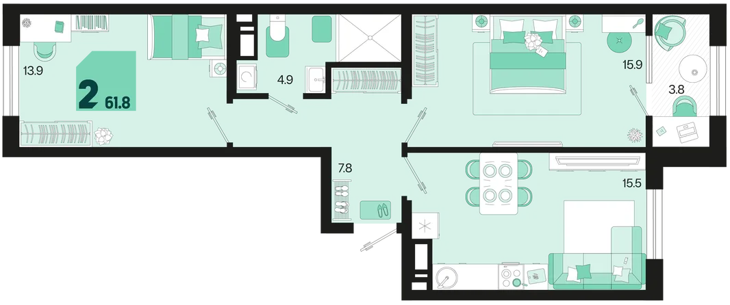 Планировка 2-комн. квартира, 61.8 м² ЖК «Первое место»
