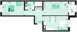 Планировка 2-комн. квартира, 61.8 м² ЖК «Первое место»