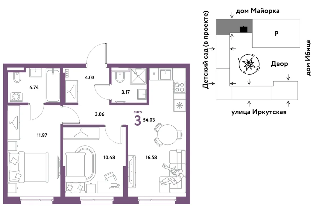 Планировка 3-комн. квартира, 54.03 м² ЖК «Остров-сад»