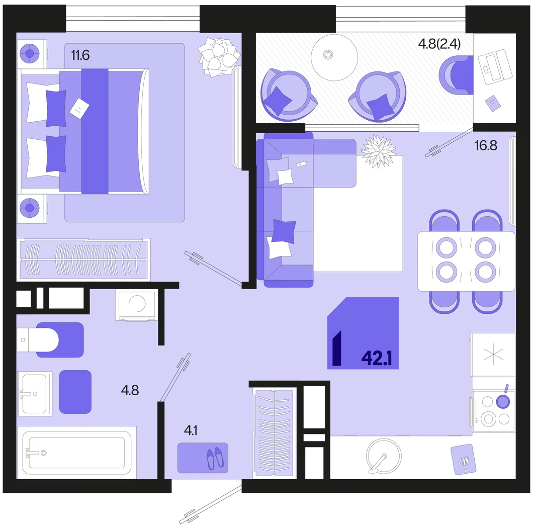 Планировка 1-комн. квартира, 42.1 м² ЖК «Первое место»