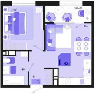 Планировка 1-комн. квартира, 42.1 м² ЖК «Первое место»