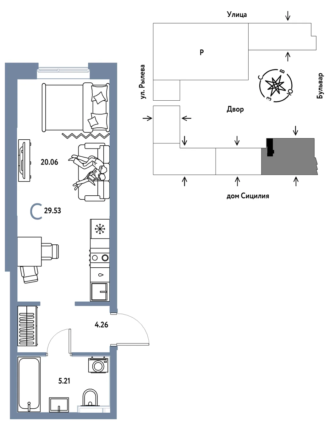 Планировка Студия, 29.53 м² ЖК «Остров-сад»