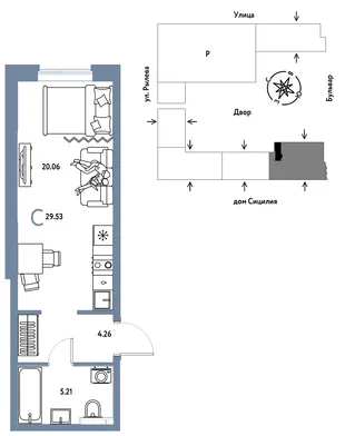 Планировка Студия, 29.53 м² ЖК «Остров-сад»
