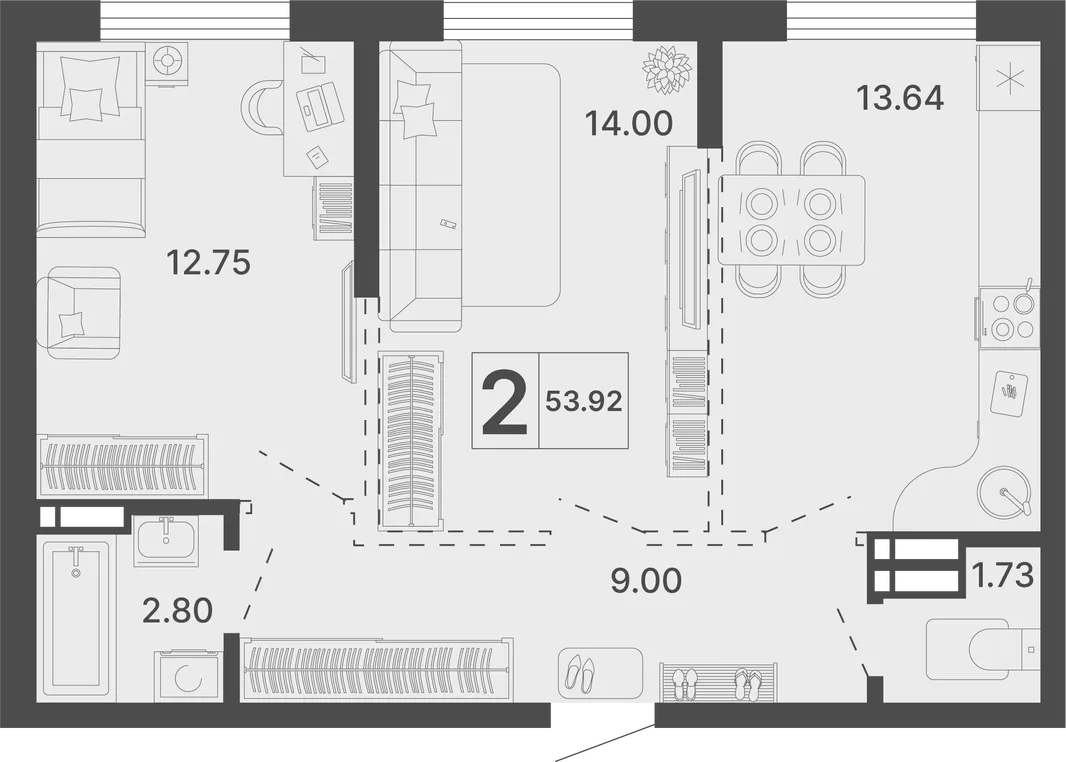 Планировка 2-комн. квартира, 53.92 м² ЖК «Светский лес»