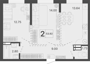 Планировка 2-комн. квартира, 53.92 м² ЖК «Светский лес»